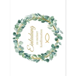 Klassische Konfirmationseinladungen mit Blätterkranz, Einladung zur Konfirmation, christliche Konfirmationskarte