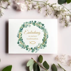 Klassische Konfirmationseinladungen mit Blätterkranz, Einladung zur Konfirmation, christliche Konfirmationskarte
