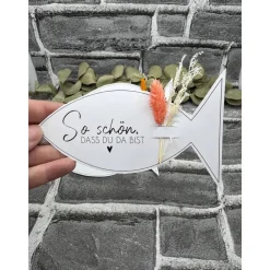 Kleine Aufmerksamkeit Fisch zur Taufe, Kommunion, Konfirmation, Firmung – Tischdeko & Geschenk mit Trockenblumen