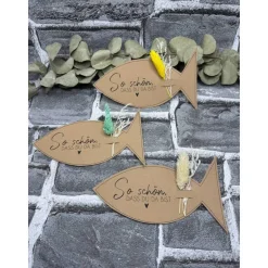 Kleine Aufmerksamkeit Fisch zur Taufe, Kommunion, Konfirmation, Firmung – Tischdeko & Geschenk mit Trockenblumen