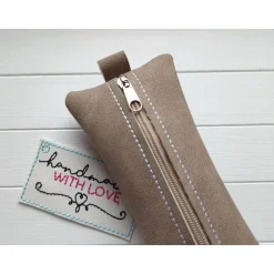 Kleine Stifte Tasche Wildleder Imitat, braunes Etui, Federmäppchen Schminktäschchen