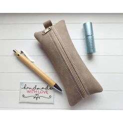 Kleine Stifte Tasche Wildleder Imitat, braunes Etui, Federmäppchen Schminktäschchen