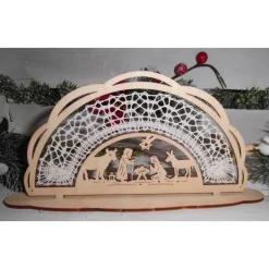 Kleiner Schwibbogen mit Klöppelspitze in ivory Handarbeit traditionell Weihnachten Motiv Krippe/Christi Geburt