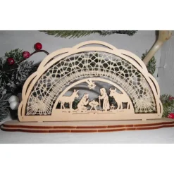 Kleiner Schwibbogen mit Klöppelspitze in beige Handarbeit traditionell Weihnachten Motiv Krippe/Christi Geburt