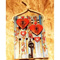 Künstlerische Wanddekoration HERZERL & SCHLÜSSEL rustikale Deko auf einer Mini-Palette aus Holz Geldgeschenk