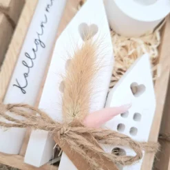 Kollegin Kollege mit Herz Geschenkset Dankeschön Häuser / Lichthäuser Kerzenhalter rund Kerzenset Holzbox Stabkerze