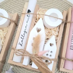 Kollegin Kollege mit Herz Geschenkset Dankeschön Häuser / Lichthäuser Kerzenhalter rund Kerzenset Holzbox Stabkerze