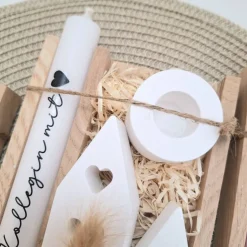 Kollegin Kollege mit Herz Geschenkset Dankeschön Häuser / Lichthäuser Kerzenhalter rund Kerzenset Holzbox Stabkerze