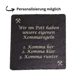 Kommaregeln aus dem RuhrPott auf Schiefer-Untersetzer mit Lasergravur – personalisierbar