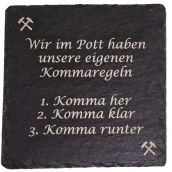 Kommaregeln aus dem RuhrPott auf Schiefer-Untersetzer mit Lasergravur – personalisierbar