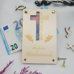 Kommunion Geldkarte Holz Geschenk Karte Kreuz Fisch Taube Gutscheinkarte Glückwunschkarte