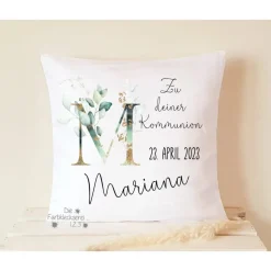 Kommunion Geschenk Kissen Name personalisiert Blumenkranz
