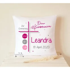 Kommunion Geschenk Kissen Name personalisiert Blumenkranz