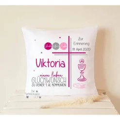 Kommunion Geschenk Kissen Name personalisiert Blumenkranz