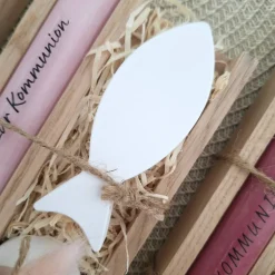 Kommunion Kommunionsgeschenk Fisch Variante 2 Kerzenhalter rund Geschenkset für Jungen und Mädchen Kommunionskerze Kerze