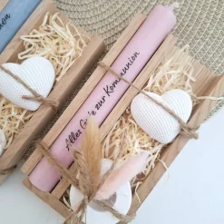 Kommunion Kommunionsgeschenk mit Dekoherz und Kerzenhalter rund Geschenkset für Jungen und Mädchen Kommunionskerze Kerze