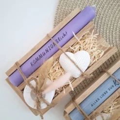 Kommunion Kommunionsgeschenk mit Dekoherz und Kerzenhalter rund Geschenkset für Jungen und Mädchen Kommunionskerze Kerze