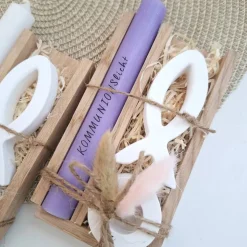 Kommunion Kommunionsgeschenk Fisch Variante 1 Kerzenhalter rund Geschenkset für Jungen und Mädchen Kommunionskerze Kerze