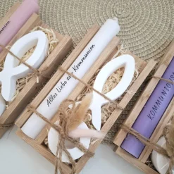 Kommunion Kommunionsgeschenk Fisch Variante 1 Kerzenhalter rund Geschenkset für Jungen und Mädchen Kommunionskerze Kerze