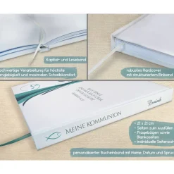 Kommunionbuch mit Fischen und Wellen in Türkis / Meerblau zum Ausfüllen mit Fragen oder Blanko personalisiert