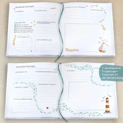 Kommunionbuch mit Fischen und Wellen in Türkis / Meerblau zum Ausfüllen mit Fragen oder Blanko personalisiert