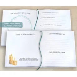 Kommunionbuch mit Fischen und Wellen in Türkis / Meerblau zum Ausfüllen mit Fragen oder Blanko personalisiert