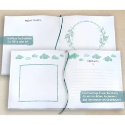 Kommunionbuch mit Fischen und Wellen in Türkis / Meerblau zum Ausfüllen mit Fragen oder Blanko personalisiert