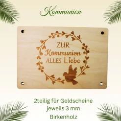 Kommunion-Geldgeschenkkarten aus Birkenholz, 2teilig, 1teilig, Lasergravur, personalisierbar