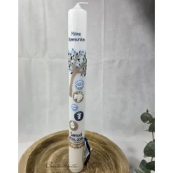 Kommunionkerze Baum in Blautönen mit christlichen Symbolen