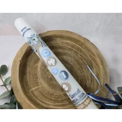 Kommunionkerze Baum in Blautönen mit christlichen Symbolen