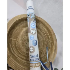 Kommunionkerze Baum in Blautönen mit christlichen Symbolen