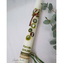 Kommunionkerze Baum in Olive-Braun mit christlichen Symbolen