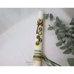 Kommunionkerze Baum in Olive-Braun mit christlichen Symbolen