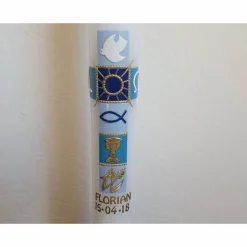 Kommunionkerze blau , Kreuz , modern , mit Kelch, gold