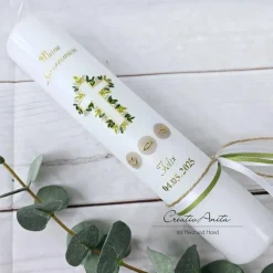 Kommunionkerze Blätterkreuz mit Gold und Grüntönen