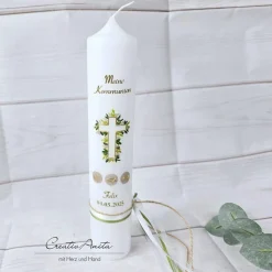 Kommunionkerze Blätterkreuz mit Gold und Grüntönen