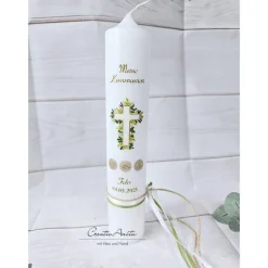 Kommunionkerze Blätterkreuz mit Gold und Grüntönen