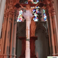 Kommunionkerze Efeuranke grün mit Kreuz und Kelch, weiß, schlank, handverziert, Kommunionkerze mit Namen und Datum für