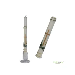 Kommunionkerze Efeuranke grün mit Kreuz und Kelch, weiß, schlank, handverziert, Kommunionkerze mit Namen und Datum für