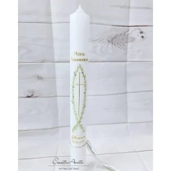 Kommunionkerze Fisch & Kreuz mit Gold-Eukalypthus