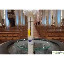 Kommunionkerze Fisch blau, Sonne, Kreuz aus Bienenwachs, handverziert und -geknetet, Kommunionkerze Jungen und Mädchen