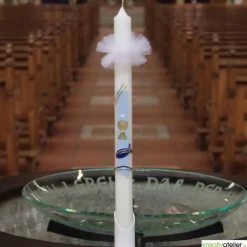 Kommunionkerze Fisch blau mit goldenem Kelch, handverziert, Kommunionkerze mit Namen und Datum, Kommunionkerze für Junge