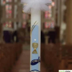 Kommunionkerze Fisch blau mit goldenem Kelch, handverziert, Kommunionkerze mit Namen und Datum, Kommunionkerze für Junge