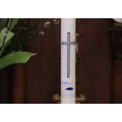 Kommunionkerze Fische blau mit Kreuz und Wellen aus Bienenwach, handverziert und -geknetet, Kommunionkerze für Jungen