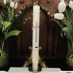 Kommunionkerze Fische blau mit Kreuz und Wellen aus Bienenwach, handverziert und -geknetet, Kommunionkerze für Jungen