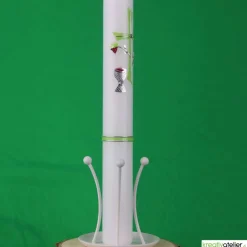 Kommunionkerze grün mit Kreuz, Kelch, und Weinrebe, handverziert, Kommunionkerze mit Namen und Datum, Kommunionkerze