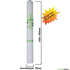 Kommunionkerze grün mit Kreuz, Kelch, und Weinrebe, handverziert, Kommunionkerze mit Namen und Datum, Kommunionkerze