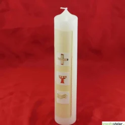 Kommunionkerze grün/gold mit Kreuz, Kelch und Wasser auf weißen Kacheln, handverziert, Kommunionkerze mit Namen und Datu