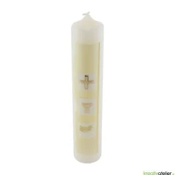 Kommunionkerze grün/gold mit Kreuz, Kelch und Wasser auf weißen Kacheln, handverziert, Kommunionkerze mit Namen und Datu