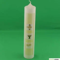 Kommunionkerze grün/gold mit Kreuz, Kelch und Wasser auf weißen Kacheln, handverziert, Kommunionkerze mit Namen und Datu